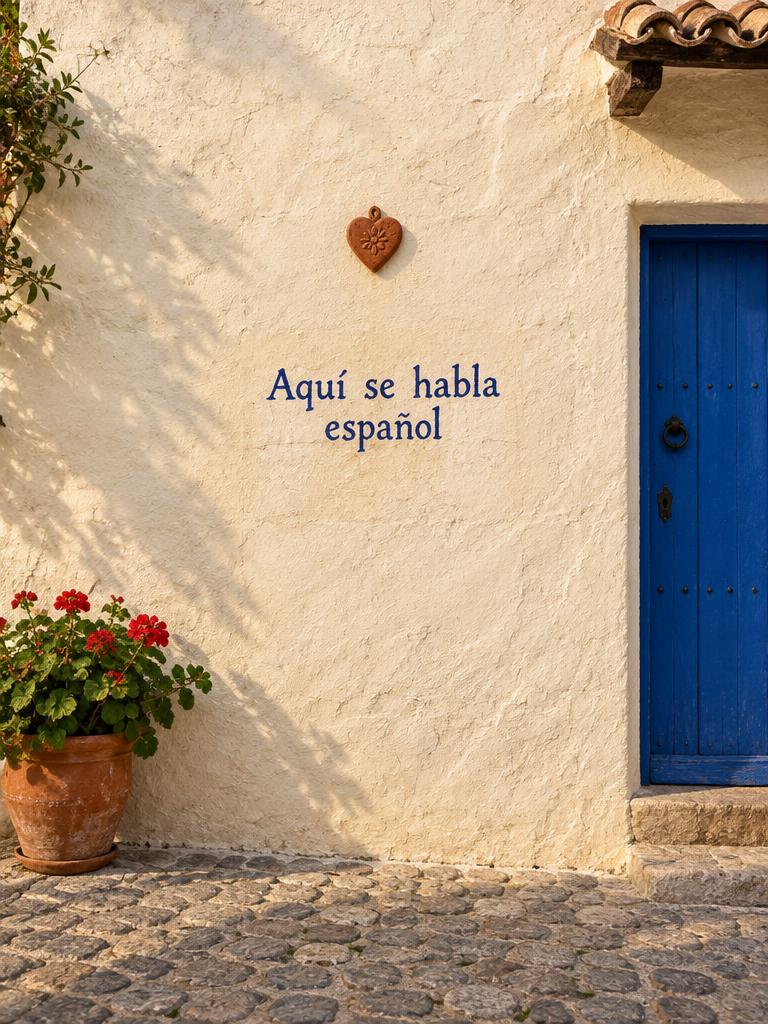 Handwritten “Aquí se habla español” on a cream wall beside a blue door
