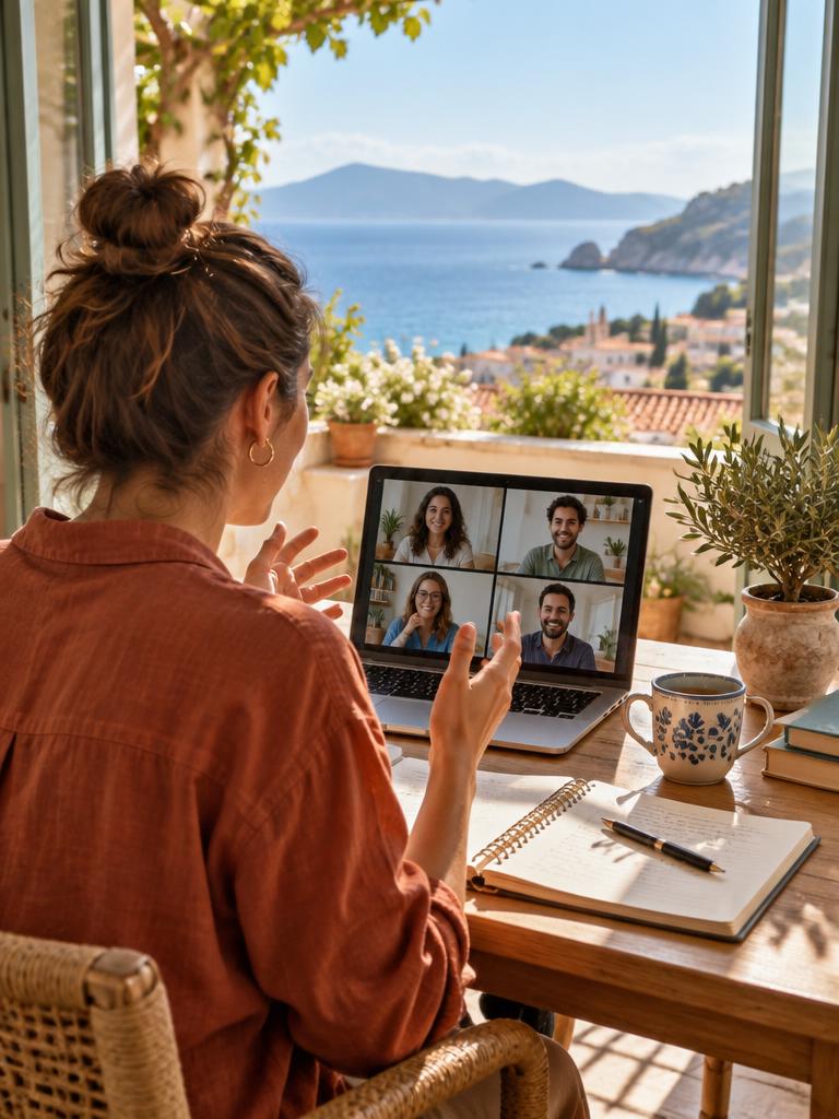 Student in an online Spanish video call from a sunlit room with a sea view