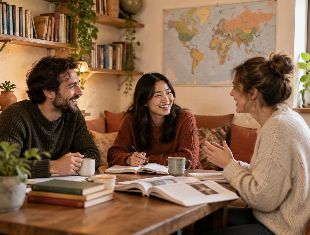 Two teachers and a student talking at a warm, book-lined corner table